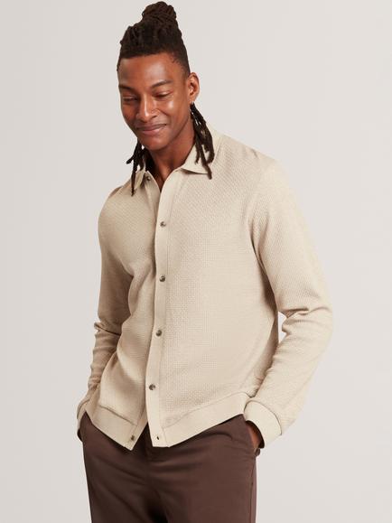 Ted Baker Wilkes Button Through Long Sleeve Cotton Polo Shirt, Taupe, Taupe