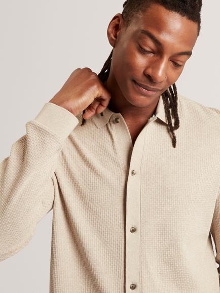 Ted Baker Wilkes Button Through Long Sleeve Cotton Polo Shirt, Taupe - view 2, Taupe