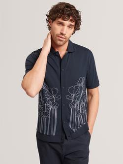 Ted Baker Embroidered Floral Pure Cotton Knit Shirt, Navy, Navy