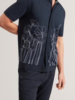 Ted Baker Embroidered Floral Pure Cotton Knit Shirt, Navy - view 2, Navy