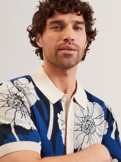 Ted Baker Alderly Regular Fit Short Sleeve Floral Jacquard Polo Shirt, Brt-Blue - view 2, Brt-blue
