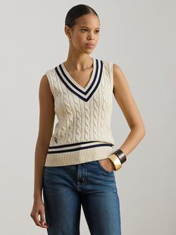 Lauren Ralph Lauren Nalrum Sleeveless Cricket Jumper, White/Navy, Cream/Navy