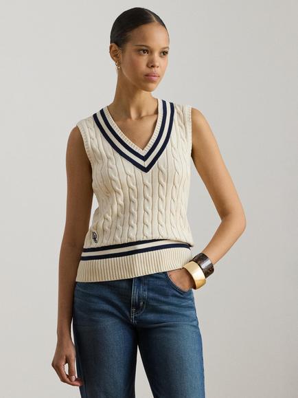Lauren Ralph Lauren Nalrum Sleeveless Cricket Jumper, White/Navy, Cream/Navy