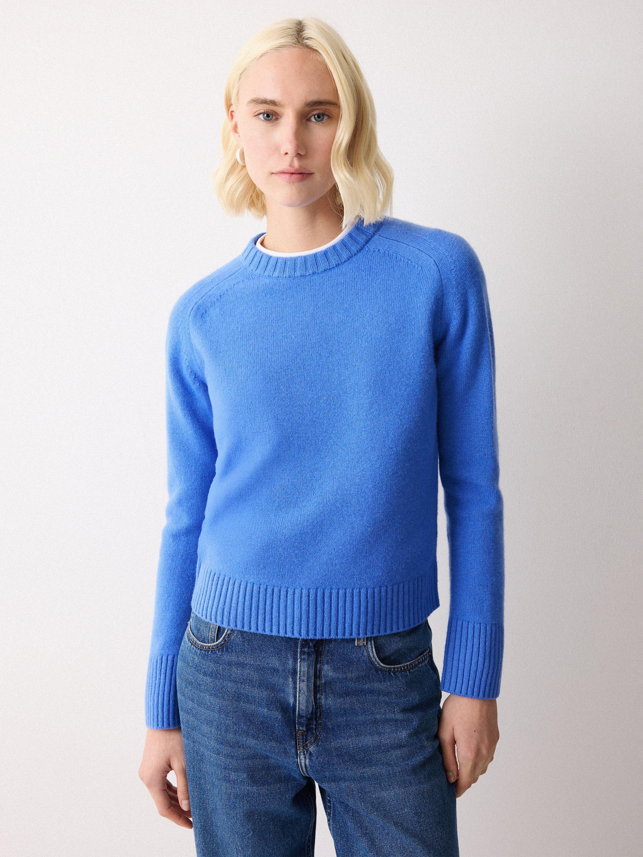 Product image 1 of 6, which shows Jigsaw Saddle Stitch Wool Rich Jumper, Blue, XS