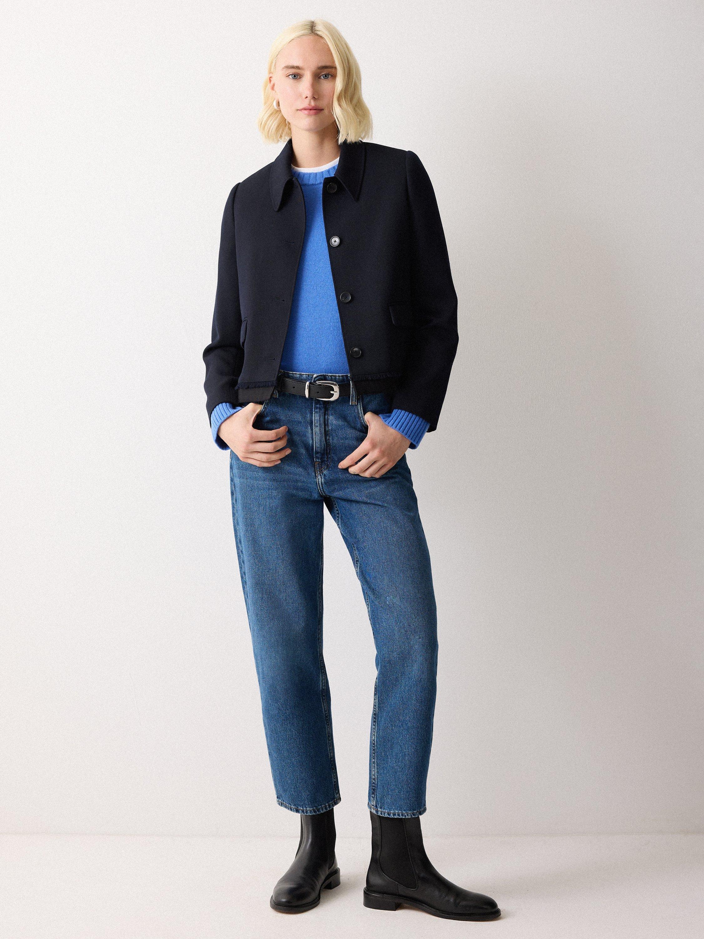 Product image 6 of 6, which shows Jigsaw Saddle Stitch Wool Rich Jumper, Blue, XS