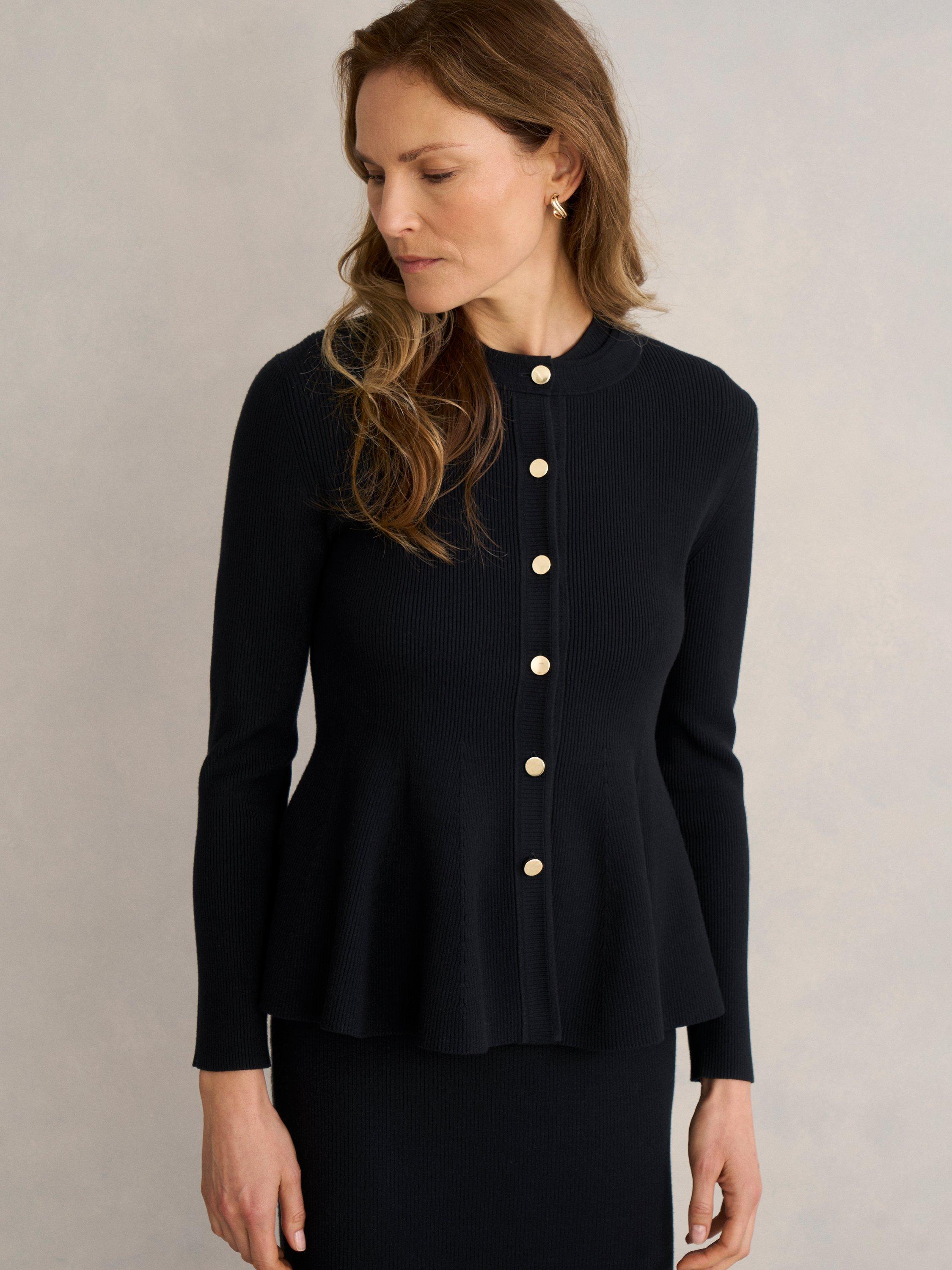 Product image 1 of 5, which shows Hobbs Bridget Peplum Hem Cardigan, Black, L