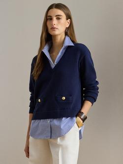 Lauren Ralph Lauren Shirt Detail V-Neck Jumper, Navy, Navy