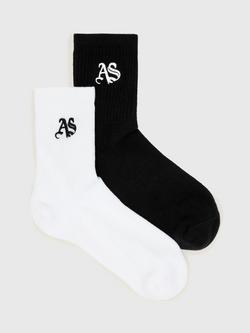 AllSaints Joss Gothic Logo Socks, Pack of 2, Black/White, Black/White