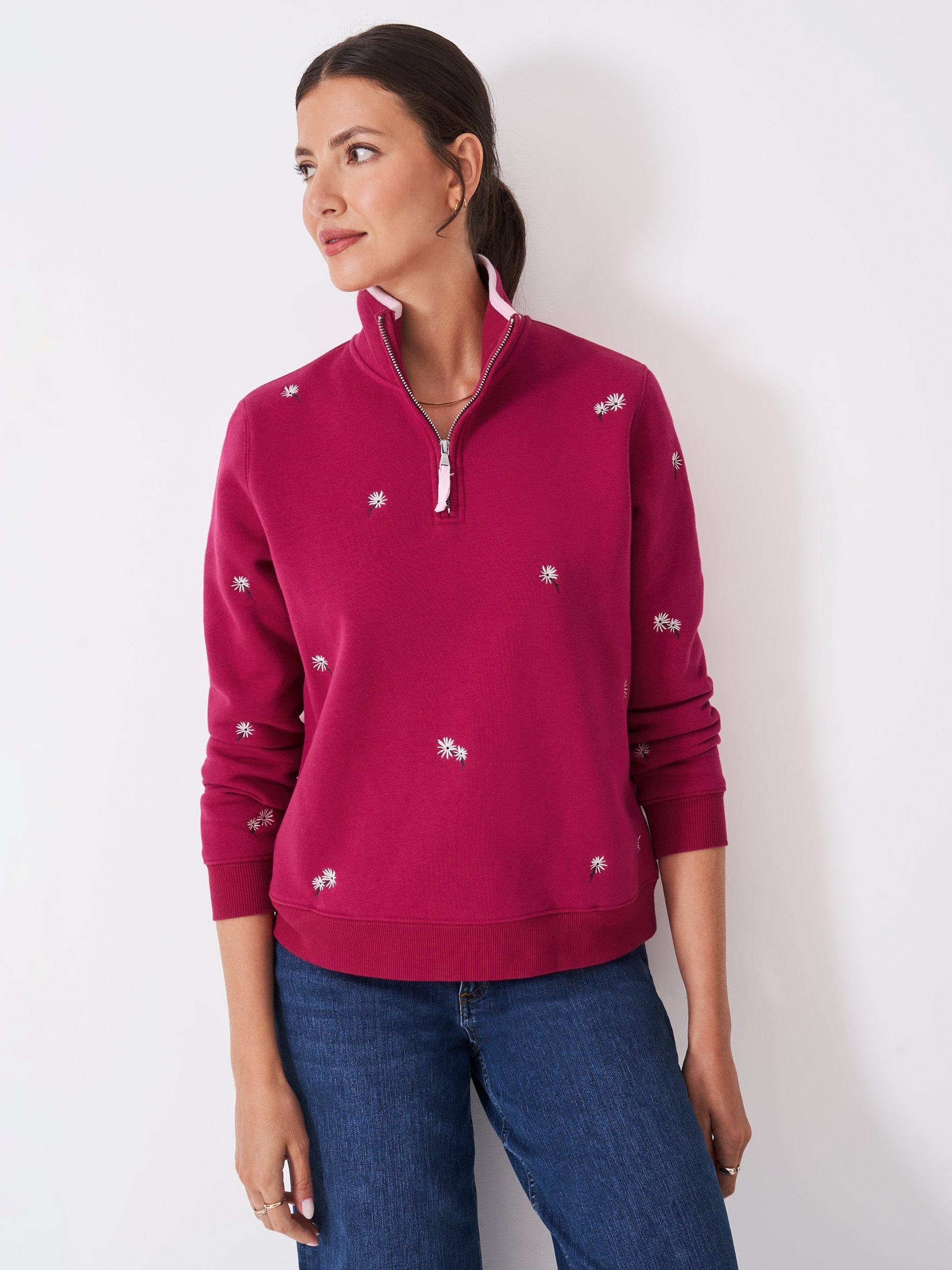 Product image 1 of 5, which shows Crew Clothing Embroidered Daisies Half Zip Sweatshirt, Berry/Multi, 10