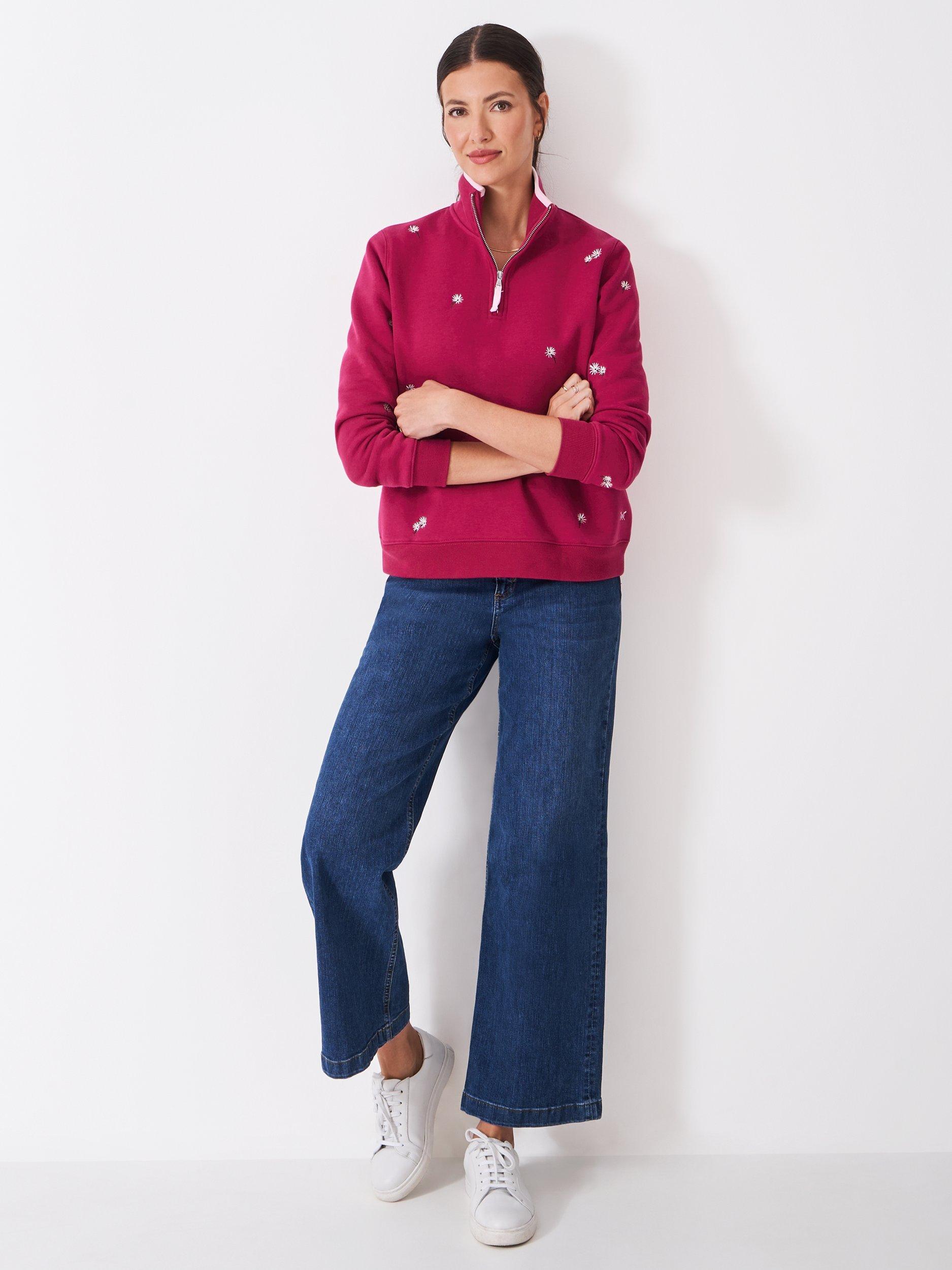 Product image 3 of 5, which shows Crew Clothing Embroidered Daisies Half Zip Sweatshirt, Berry/Multi, 10