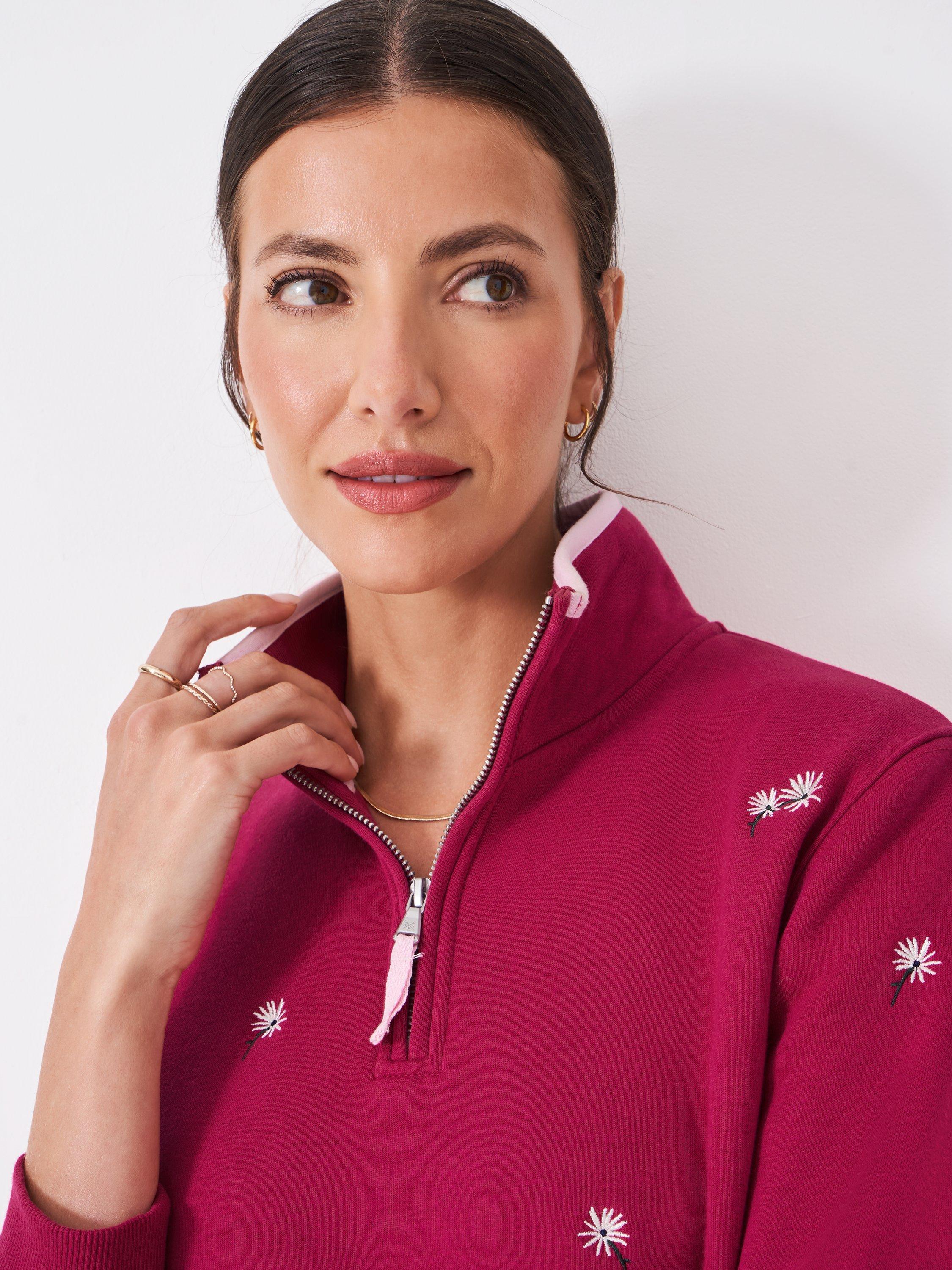 Product image 4 of 5, which shows Crew Clothing Embroidered Daisies Half Zip Sweatshirt, Berry/Multi, 10