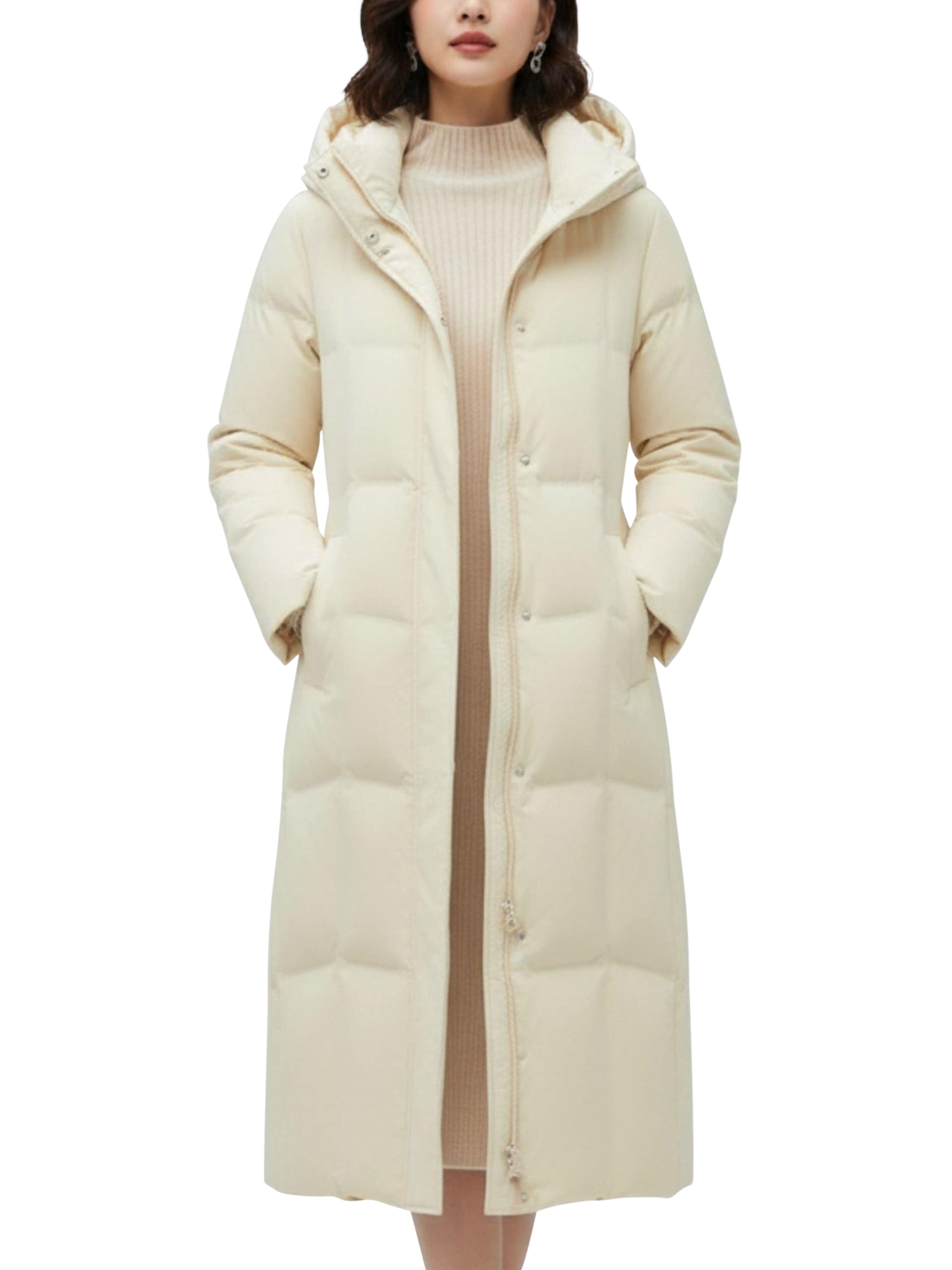 Product image 1 of 6, which shows Bosideng Belted Long Down Puffer Coat, Cream, 4