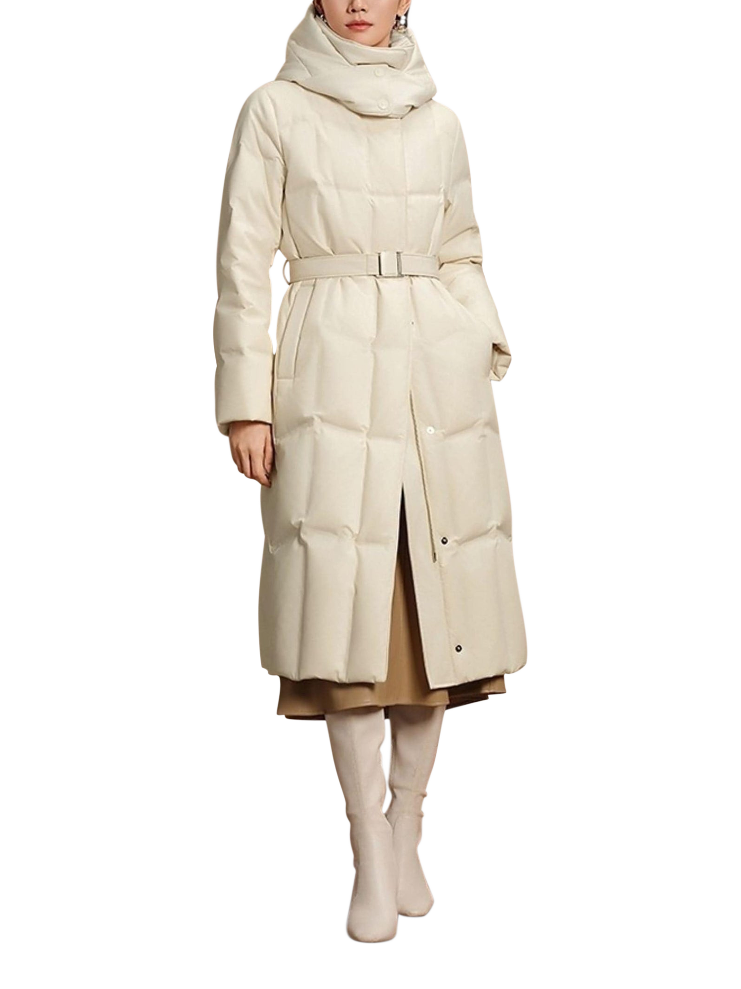 Product image 6 of 6, which shows Bosideng Belted Long Down Puffer Coat, Cream, 4