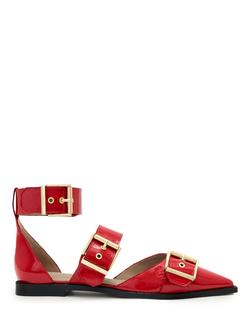 AllSaints Sutton Patent Leather Buckle Detail Mules, Red, Red