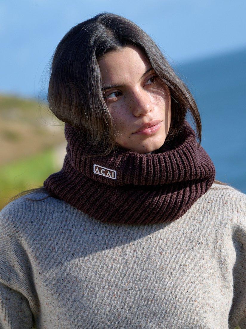 Product image 1 of 11, which shows ACAI Merino Wool Blend Snood, Chocolate Plum, One Size