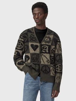 AllSaints Travis Wool Blend Patchwork Motif Cardigan, Olive Green/Black, Olive Green/Black