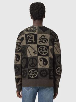 AllSaints Travis Wool Blend Patchwork Motif Cardigan, Olive Green/Black - view 2, Olive Green/Black