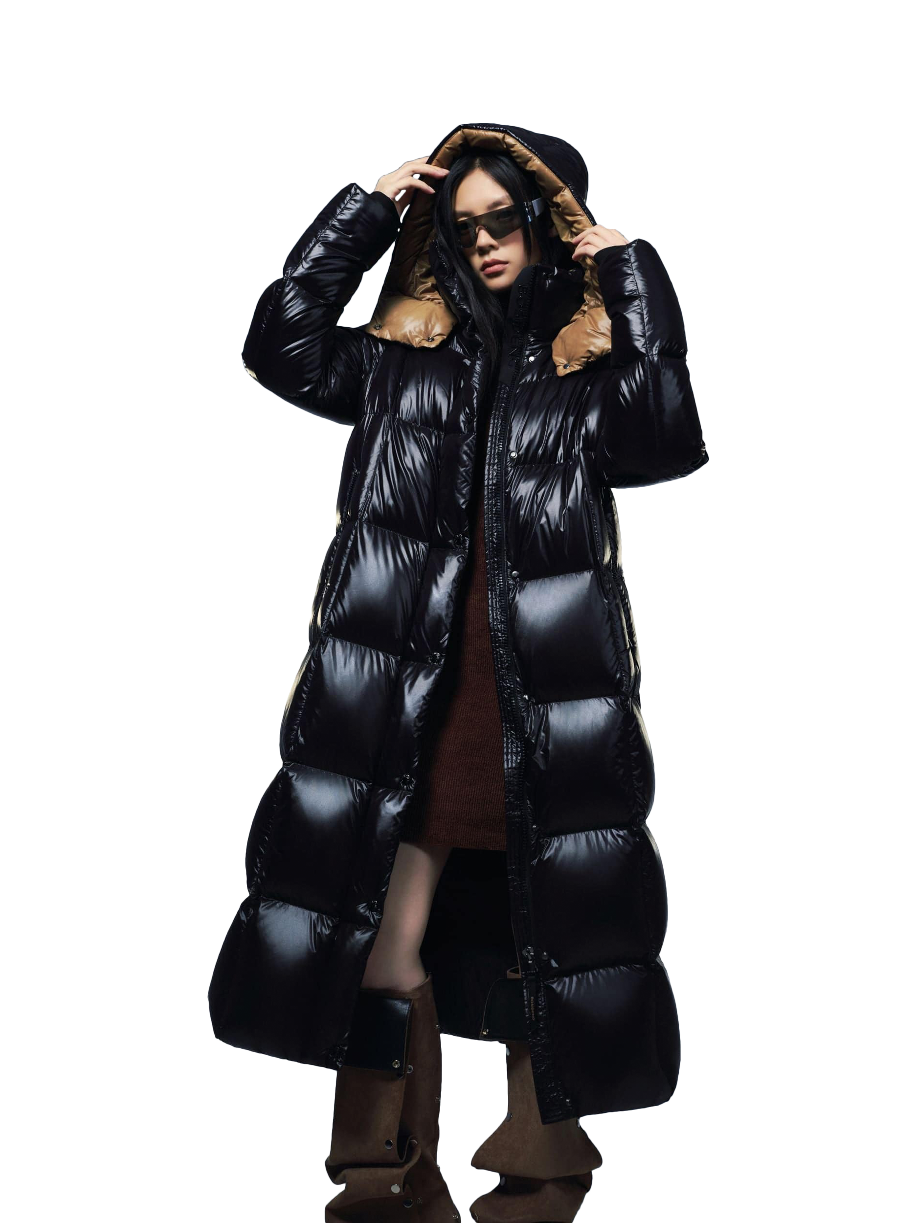 Product image 1 of 6, which shows Bosideng Down Full Length Puffer Coat, Glossy Black/Gold, 8