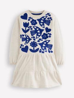 Mini Boden Kids' Lovebird Drop Waist Dress, Oatmeal/Navy, Oatmeal/Navy