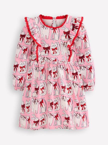 Mini Boden Kids' Long Sleeve Animal Print Ruffle Dress, Pink, Pink