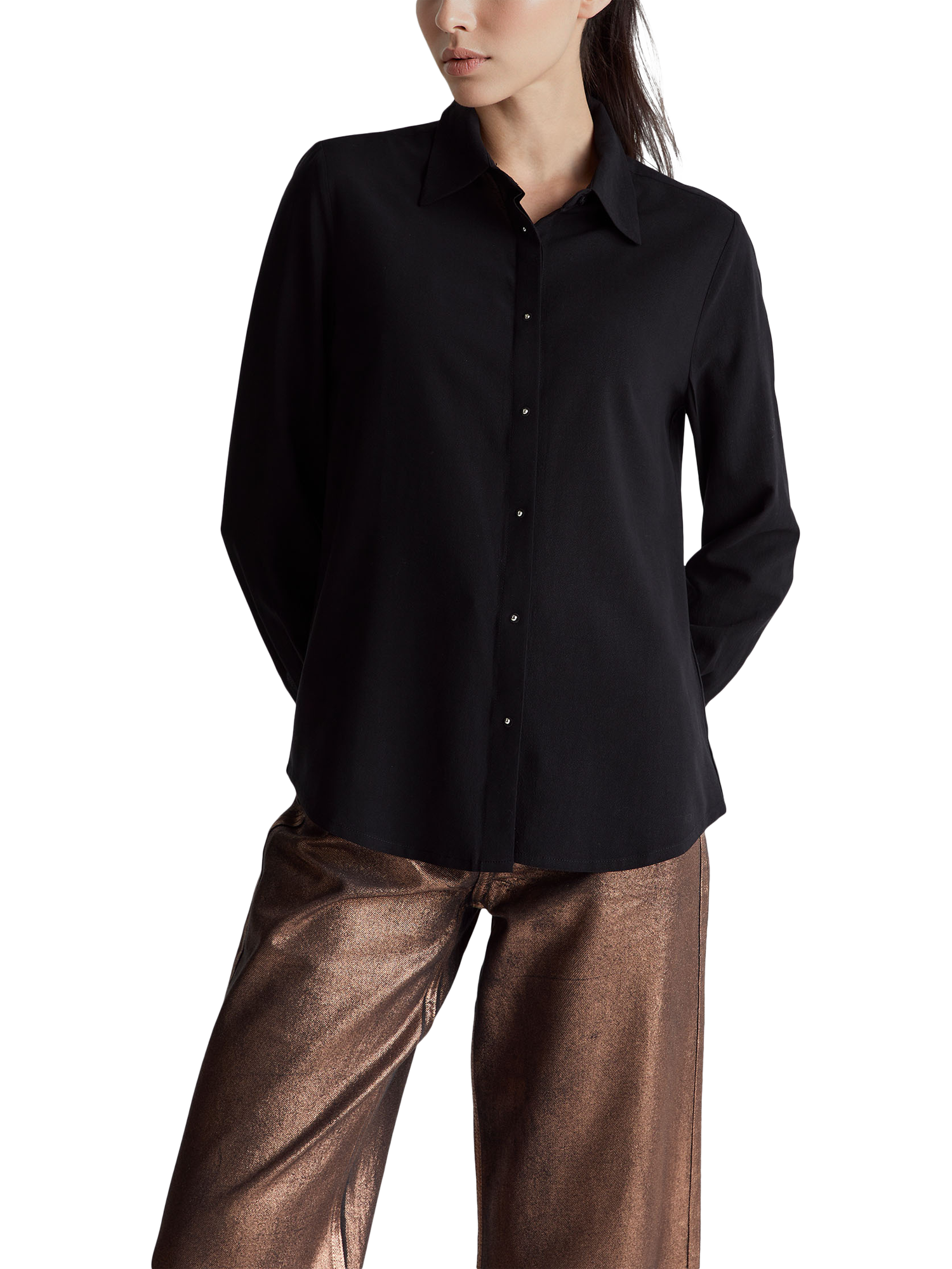 Product image 1 of 6, which shows Benetton Fluid Lyocell Long Sleeve Top, Black, XS