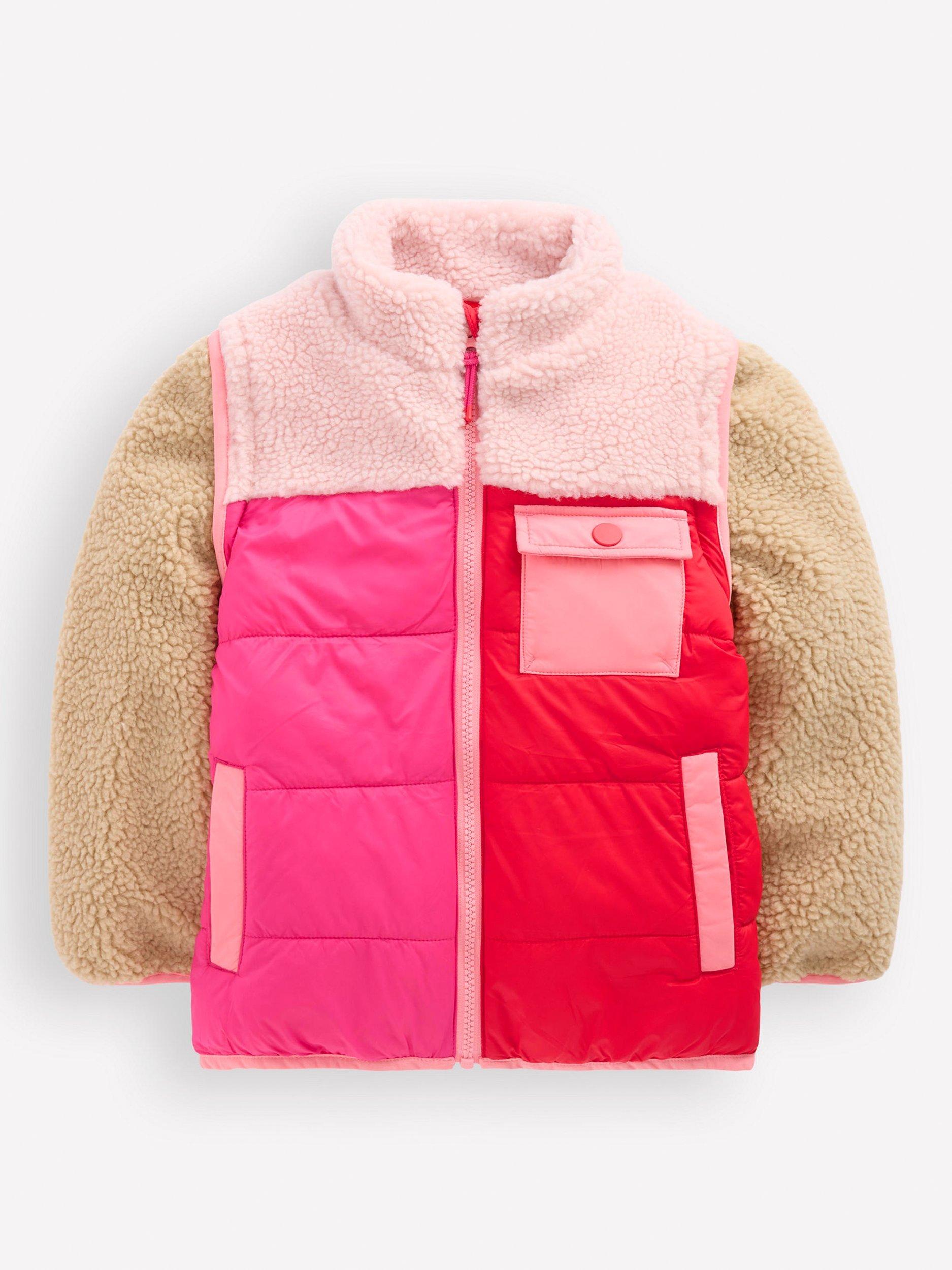 Product image 1 of 5, which shows Mini Boden Kids' 2-in-1 Quilted Borg Sleeve Jacket, Pink/Multi, 2-3 years