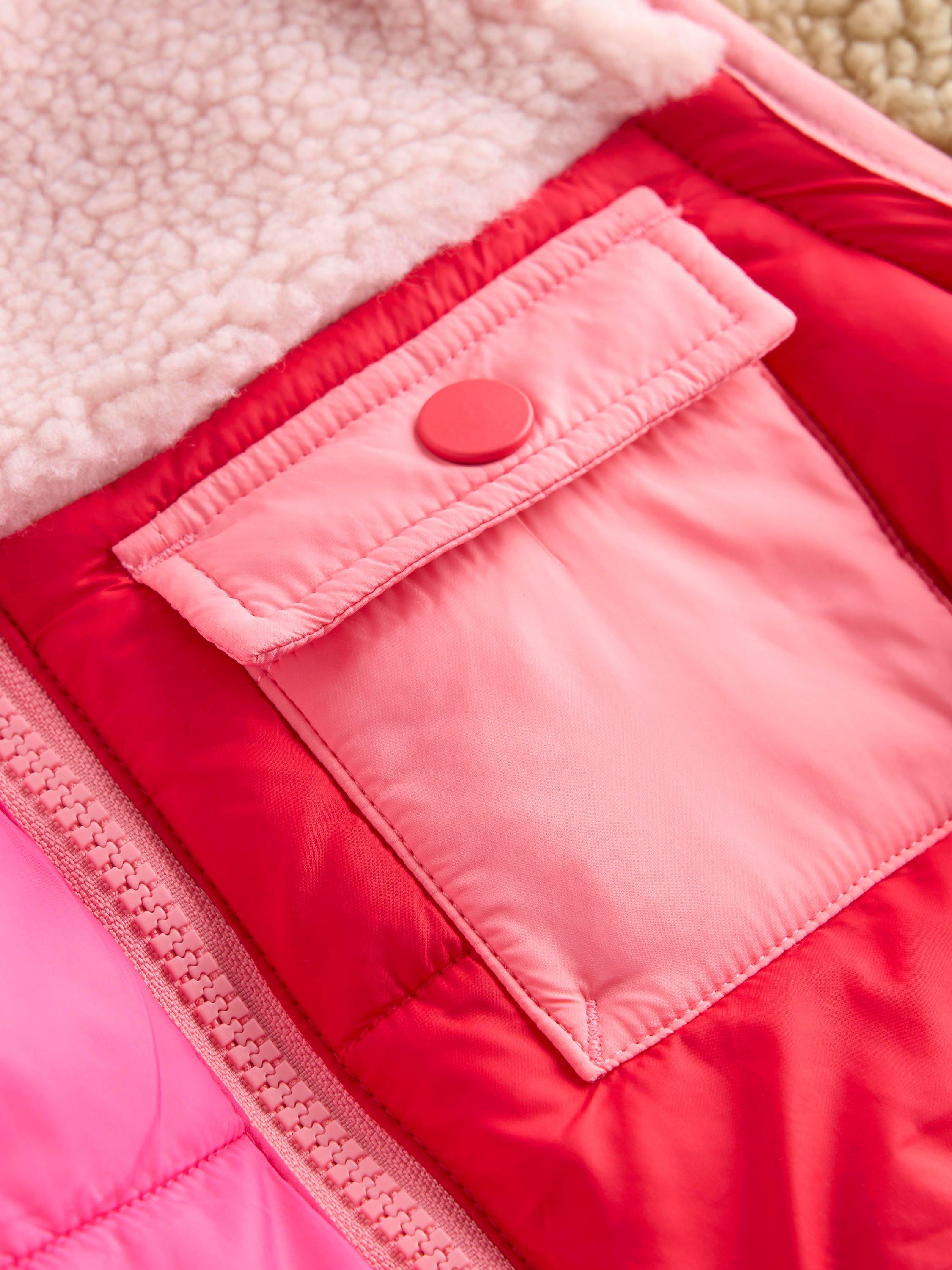 Product image 3 of 5, which shows Mini Boden Kids' 2-in-1 Quilted Borg Sleeve Jacket, Pink/Multi, 2-3 years
