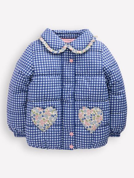 Mini Boden Kids' Padded Gingham Coat, Blue/Multi, Blue/Multi
