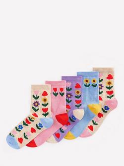 Mini Boden Kids' Ribbed Printed Socks, Pack of 5, Sunflower Garden, Sunflower Garden