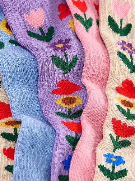 Mini Boden Kids' Ribbed Printed Socks, Pack of 5, Sunflower Garden - view 2, Sunflower Garden