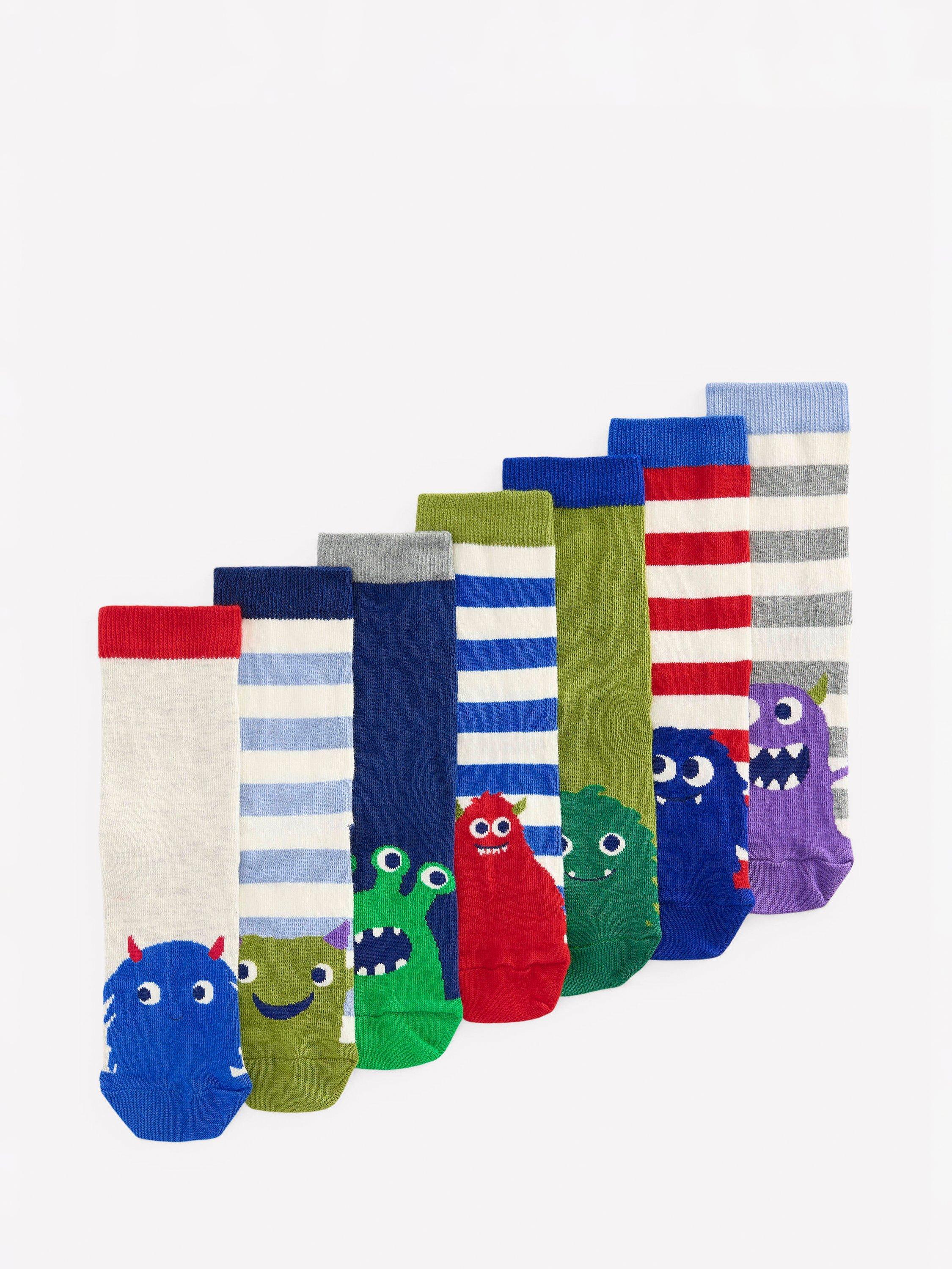 Product image 1 of 2, which shows Mini Boden Kids' Cotton Blend Printed Socks, Pack of 7, Multi, 9-12