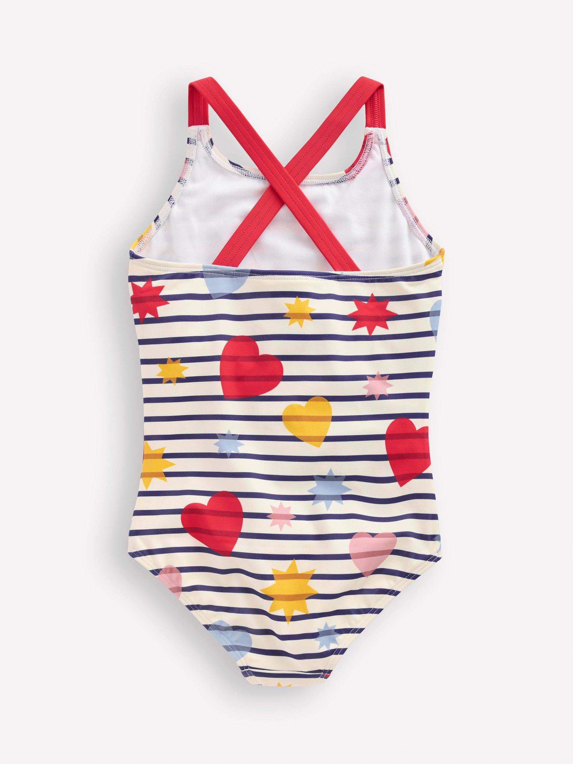 Product image 2 of 3, which shows Mini Boden Kids' Crossback Print Swimsuit, Multi, 2-3 years