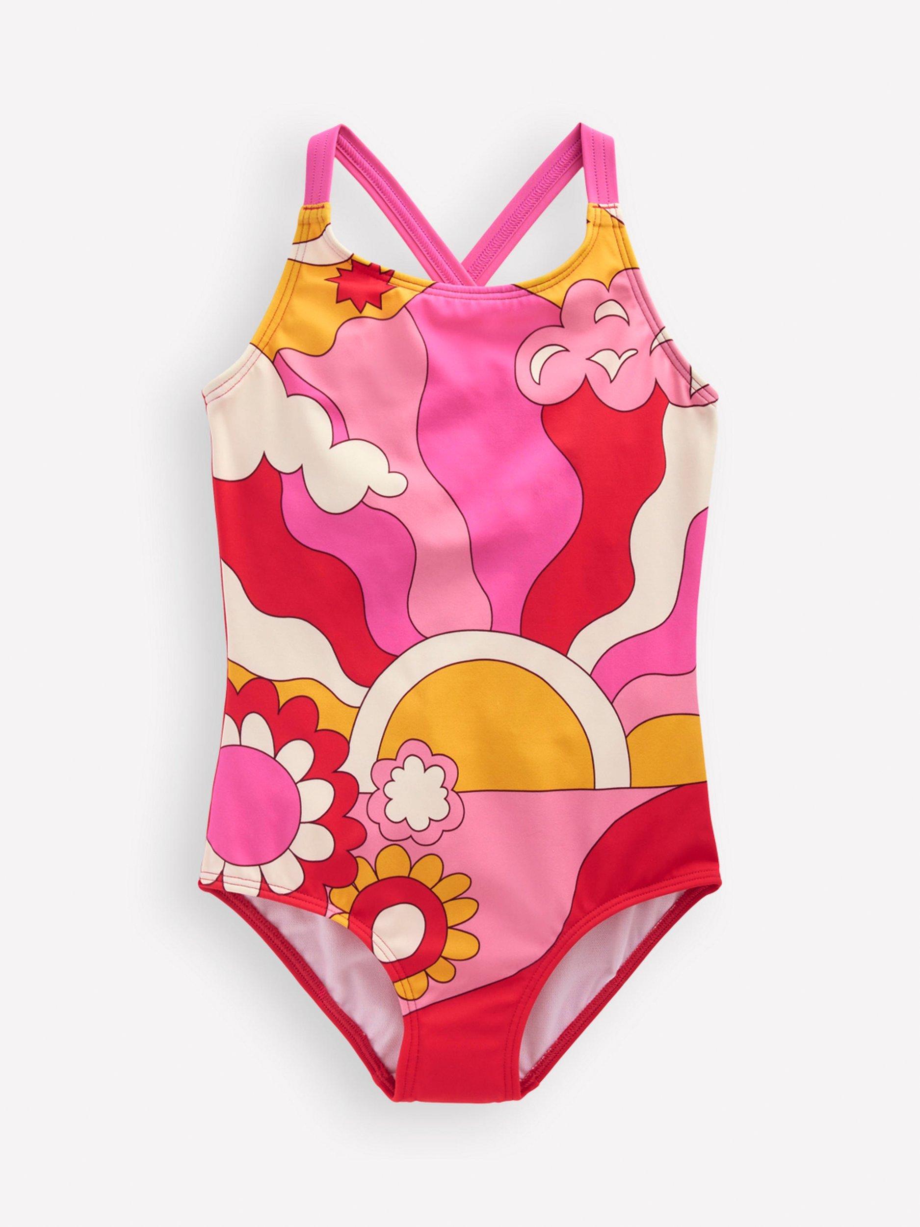 Product image 1 of 3, which shows Mini Boden Kids' Crossback Print Swimsuit, Red/Multi, 2-3 years
