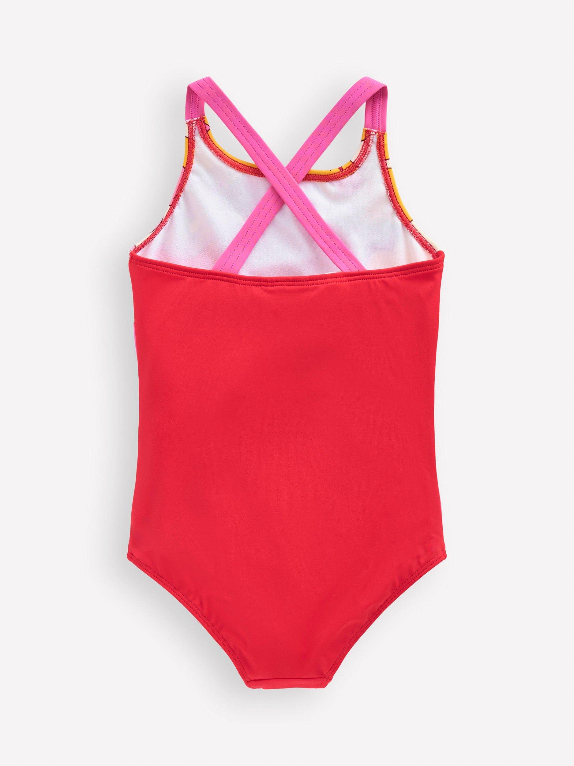 Product image 2 of 3, which shows Mini Boden Kids' Crossback Print Swimsuit, Red/Multi, 2-3 years