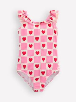 Mini Boden Kids' Hallie Frill Swimsuit, Pink Heart Stamp, Pink Heart Stamp