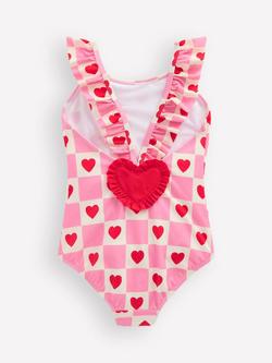 Mini Boden Kids' Hallie Frill Swimsuit, Pink Heart Stamp - view 2, Pink Heart Stamp