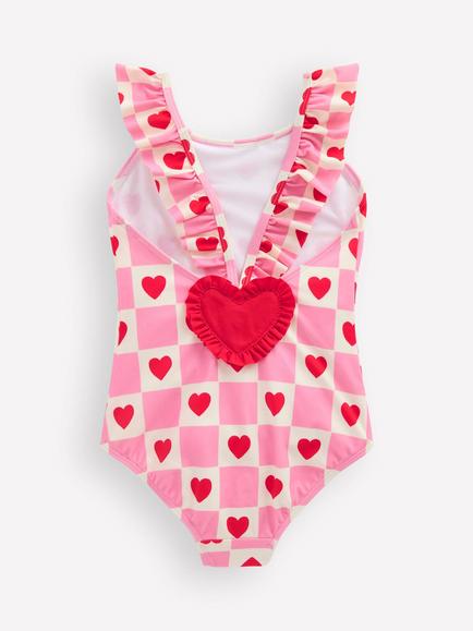 Mini Boden Kids' Hallie Frill Swimsuit, Pink Heart Stamp - view 2, Pink Heart Stamp