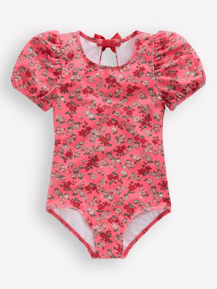 Mini Boden Kids' Puff Sleeve Swimsuit, Pink, Pink