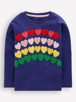 Mini Boden Kids' Rainbow Hearts Long Sleeve T-Shirt, Navy/Multi, Navy/Multi