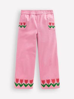 Mini Boden Kids' Embroidered Flowers Wide Leg Pull-On Trousers, Pink, Pink