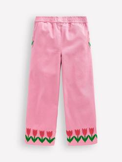 Mini Boden Kids' Embroidered Flowers Wide Leg Pull-On Trousers, Pink - view 2, Pink