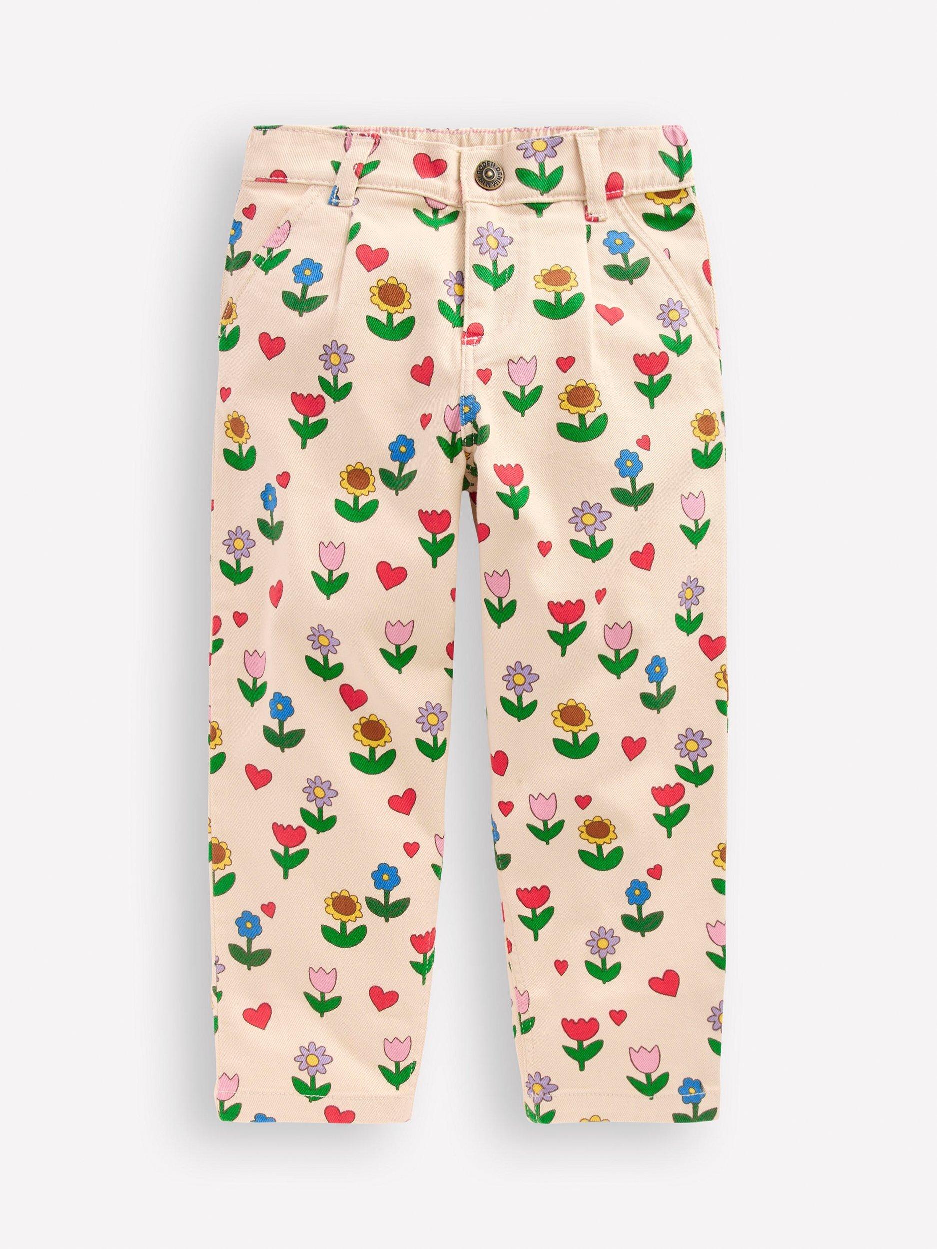 Product image 1 of 3, which shows Mini Boden Kids' Floral Pleat Jeans, Ivory/Multi, 2-3 years