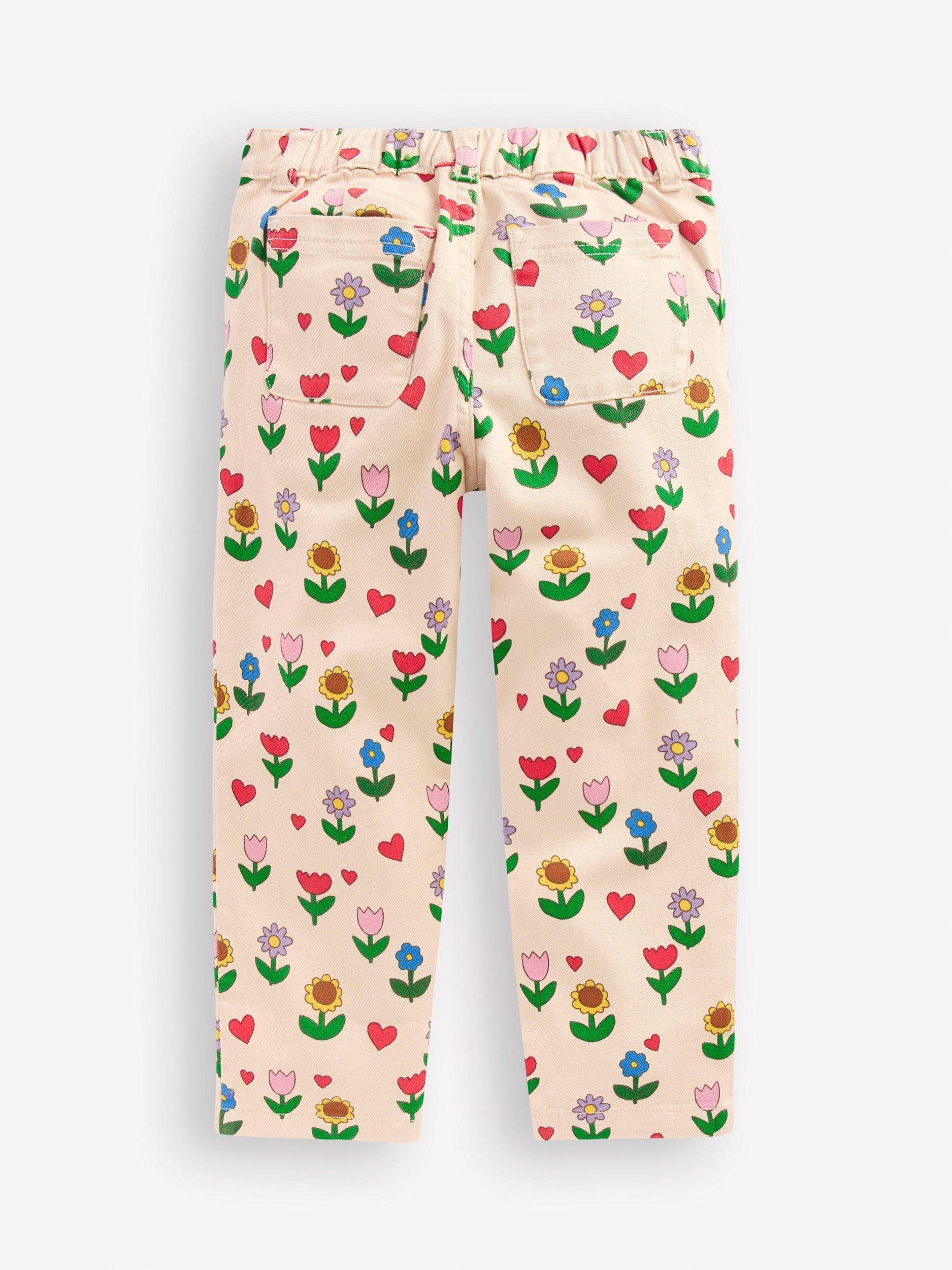 Product image 2 of 3, which shows Mini Boden Kids' Floral Pleat Jeans, Ivory/Multi, 2-3 years