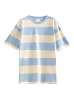 Topman Fine Knit Striped Stretch Cotton T-Shirt, Blue/Cream, Blue & Cream Stripe