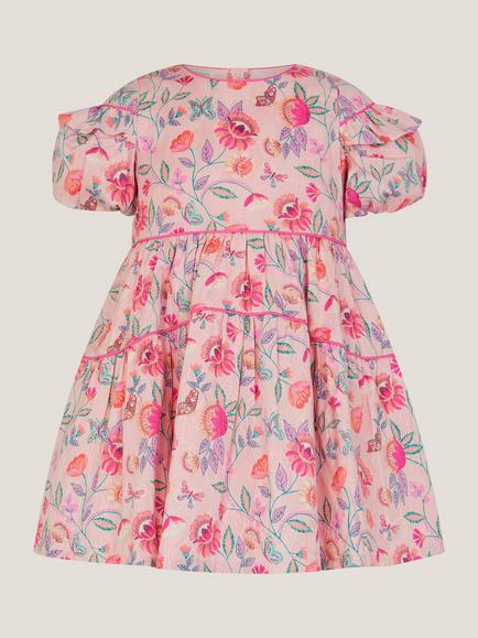 Monsoon Baby Puff Sleeve Jacquard Floral Dress, Natural/Multi, Natural/Multi