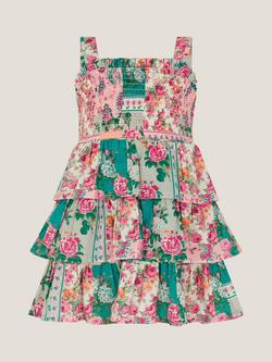 Monsoon Baby Cotton Floral Patch Tiered Dress, Green/Multi, Green/Multi