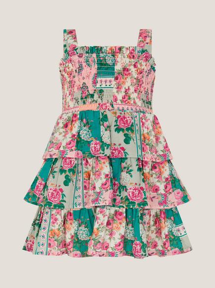 Monsoon Baby Cotton Floral Patch Tiered Dress, Green/Multi, Green/Multi