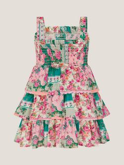Monsoon Baby Cotton Floral Patch Tiered Dress, Green/Multi - view 2, Green/Multi