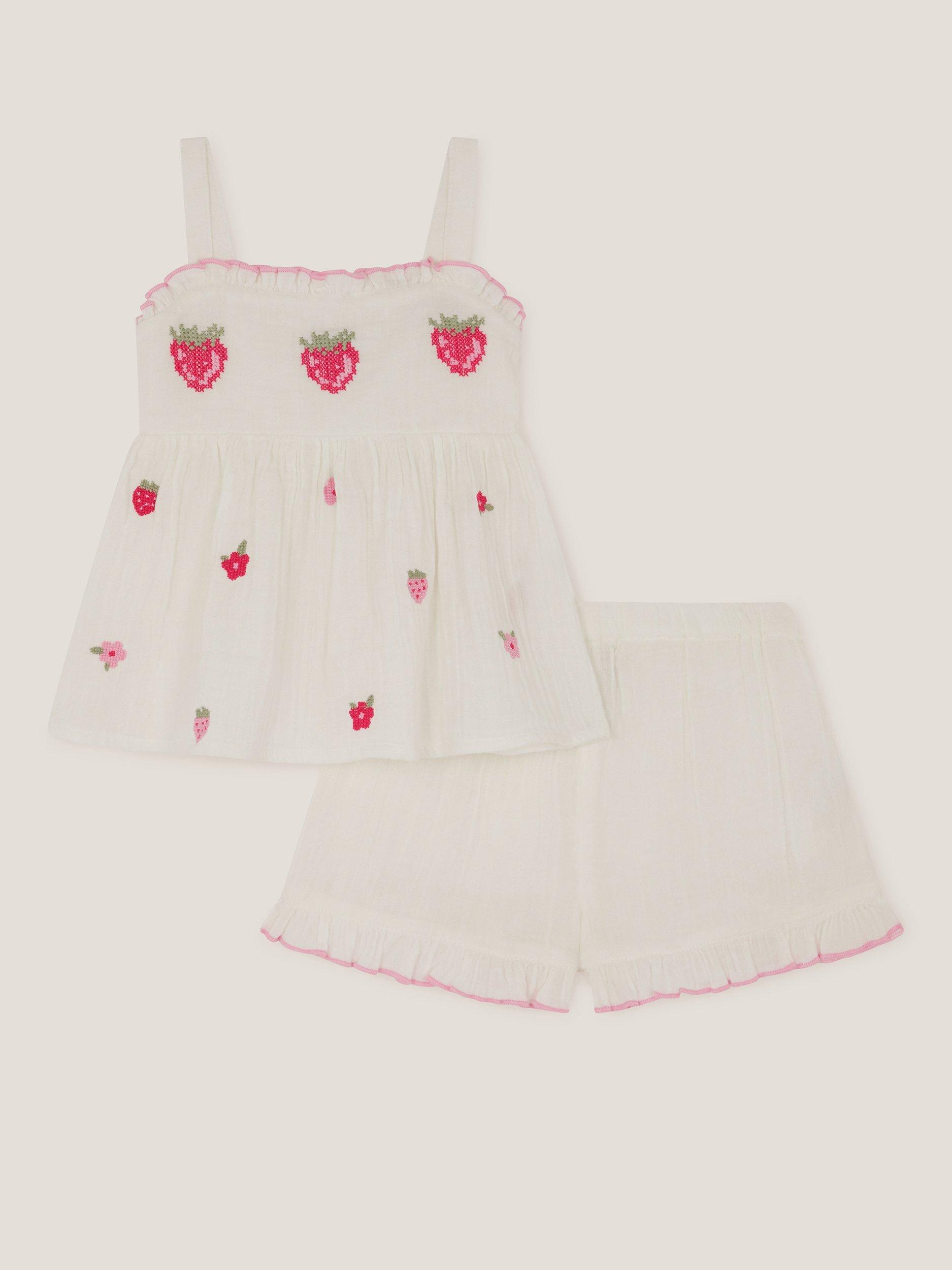 Product image 1 of 3, which shows Monsoon Baby Strawberry Top and Shorts Set, White, 0-3 months