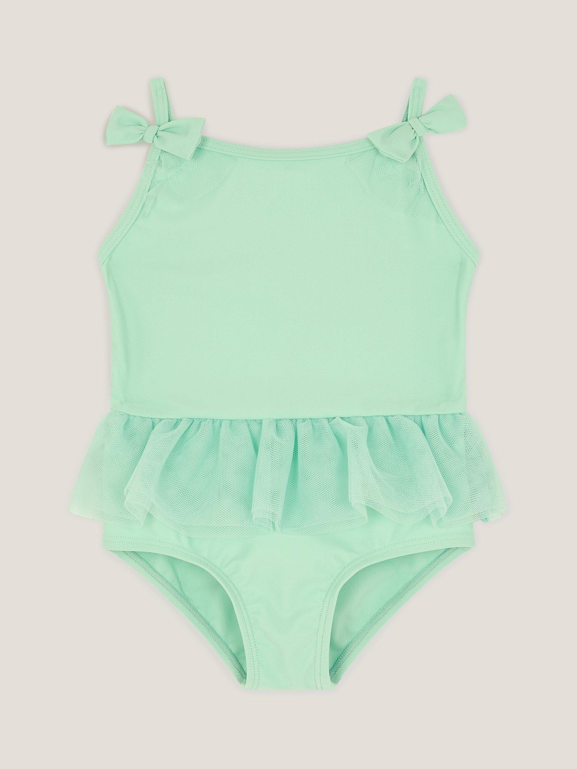 Product image 1 of 3, which shows Monsoon Baby Mesh Trim Swimsuit, Green, 0-3 months